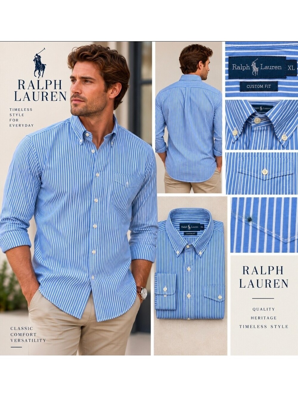 Ralph Lauren Custom Fit Mens XL Blue White Striped Button Down Shirt Long Sleeve